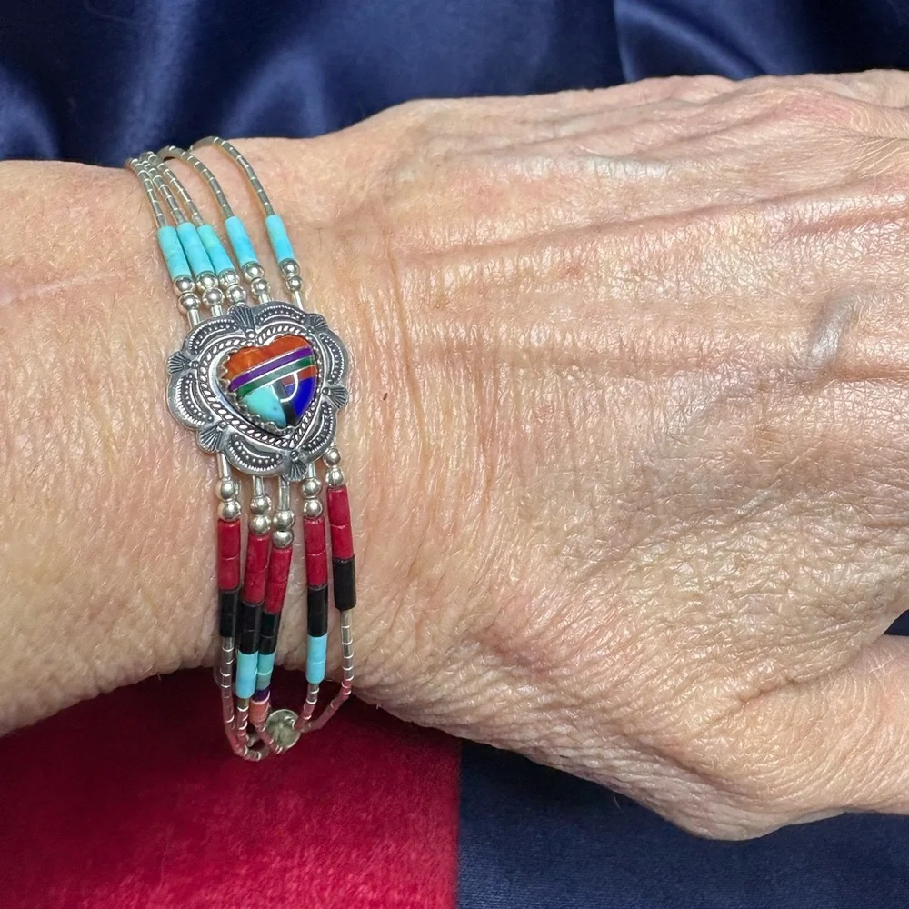 Bracelet Southwestern Liquid Sterling Silver 5-Strand Turquoise Coral Lapis